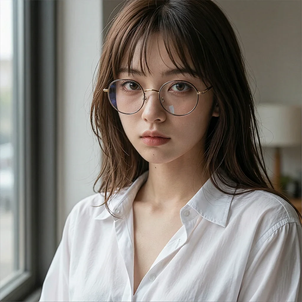Round buzzer key showing a fictional AI character in round glasses and a white shirt by a window