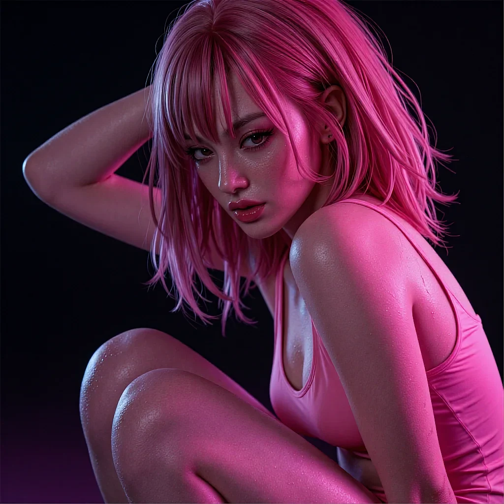 Round buzzer key showing a fictional AI character with bright pink hair under pink neon