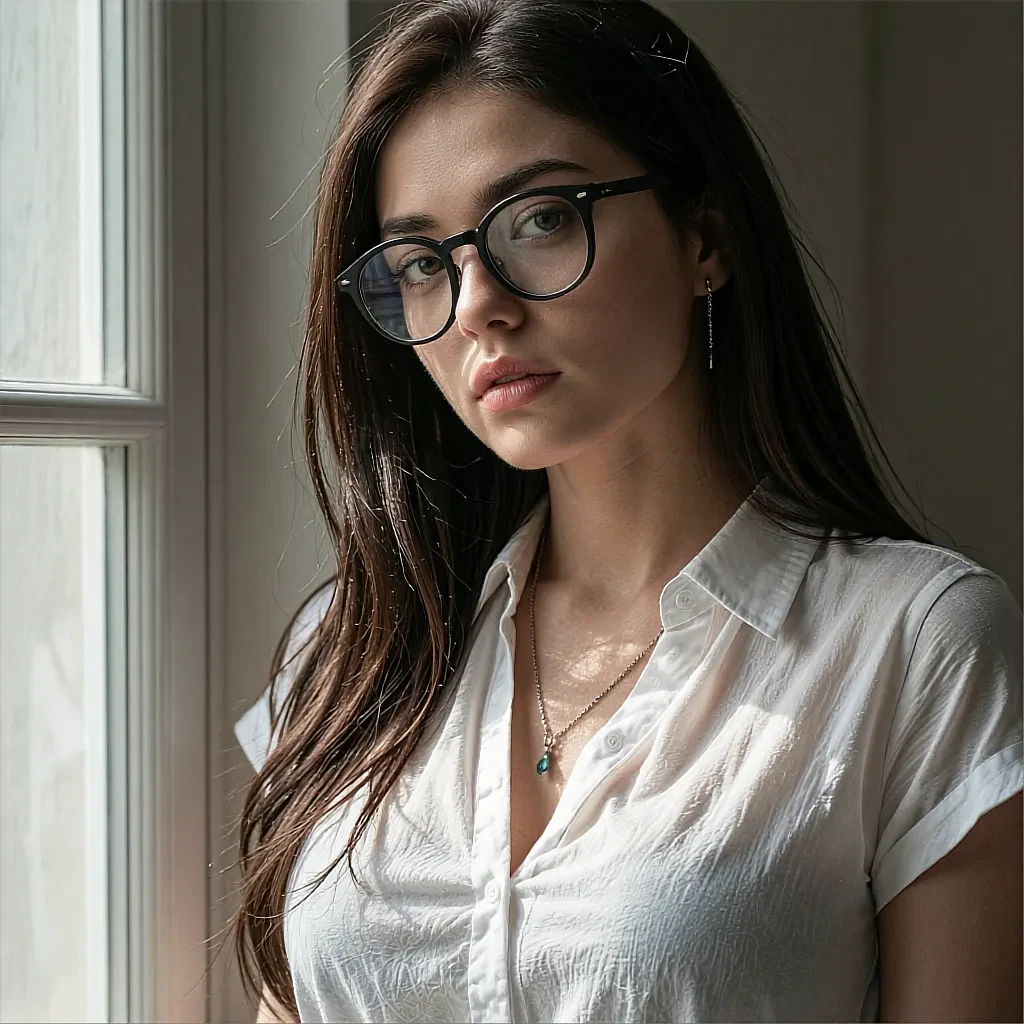 Round buzzer key showing a fictional AI character in dark-rimmed glasses and a pale blouse