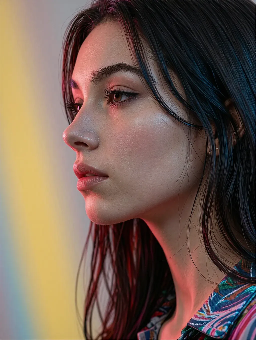 Sable, a fictional AI character in close profile against a band of coloured light