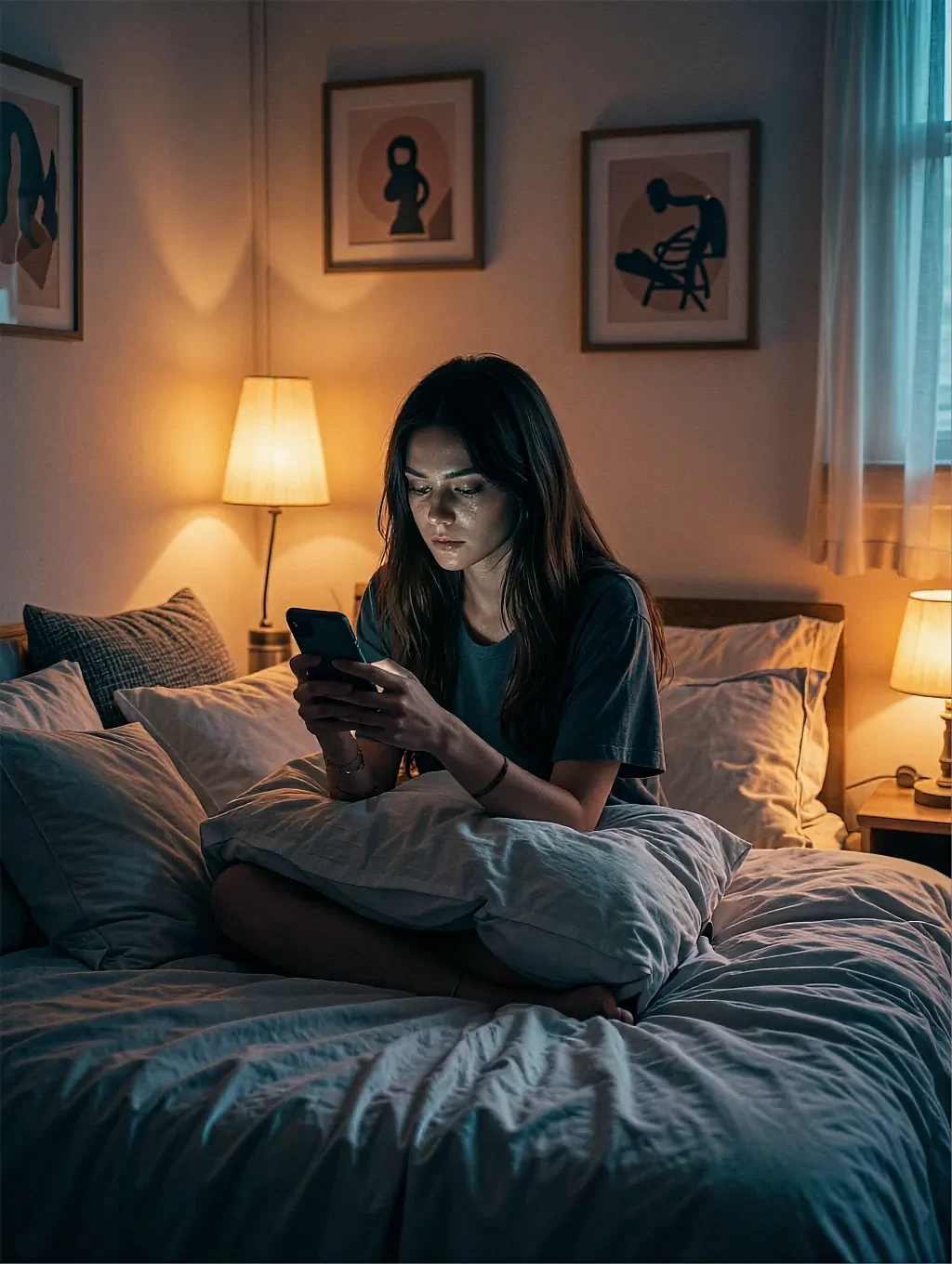 Iona, a fictional AI character sitting on a bed with her phone between two lamps