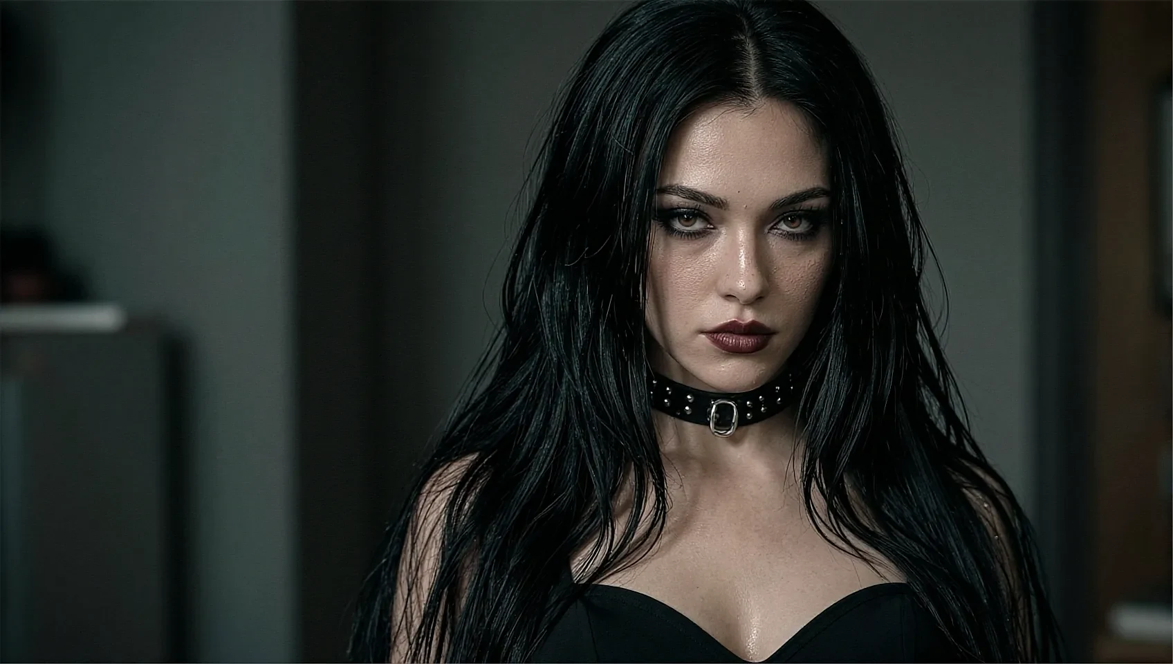 Wide night frame of a fictional AI character with black hair and a choker in a dim room