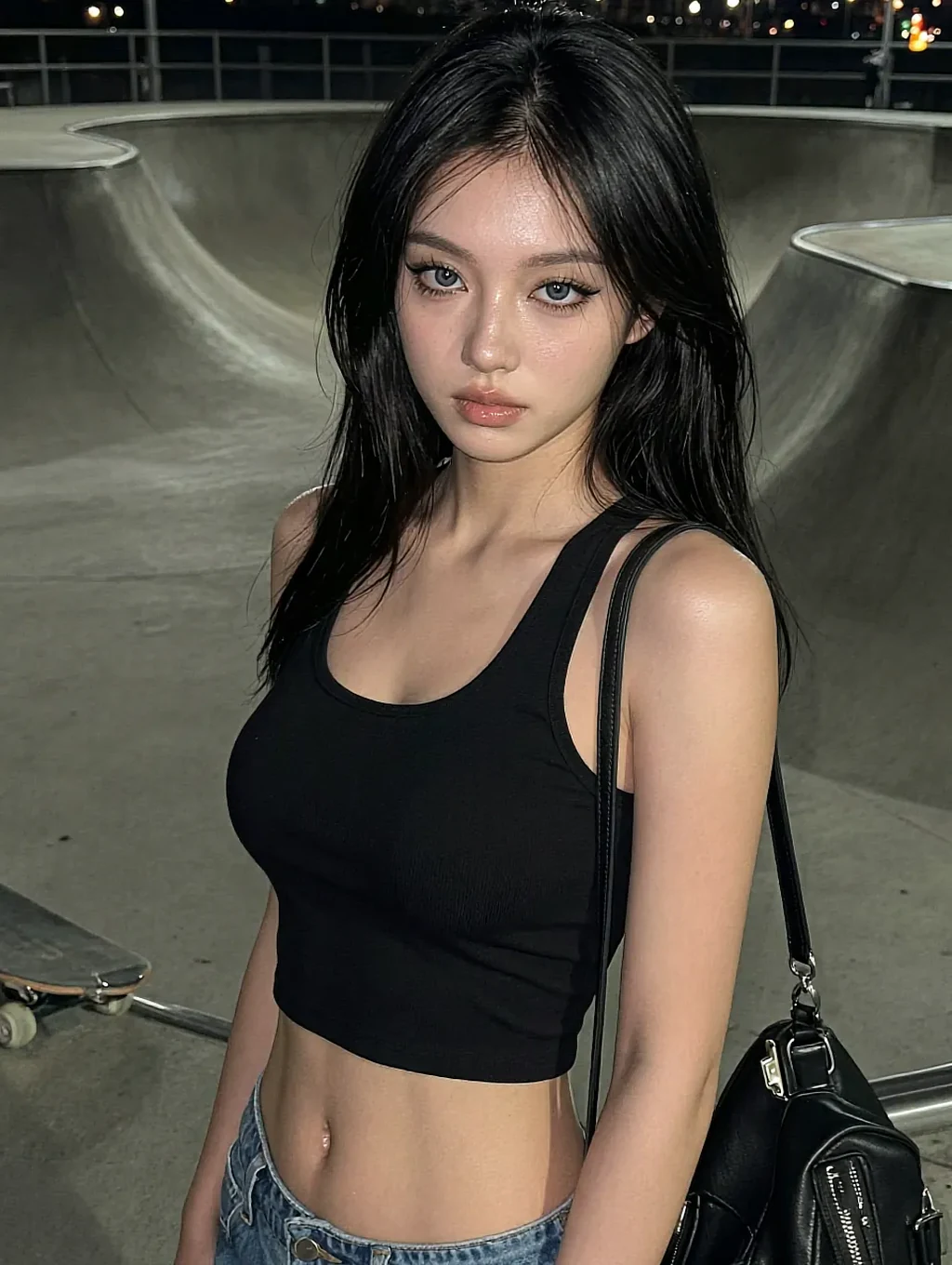 Fictional AI character in a black crop top at a floodlit skate park after dark