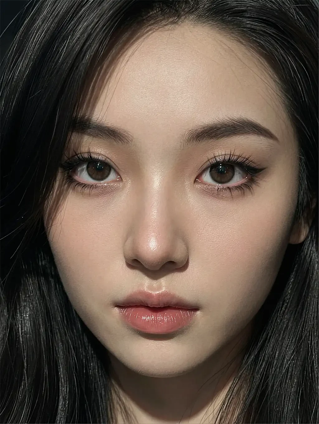 Close-up frame of a fictional AI character's face with dark hair falling across one side