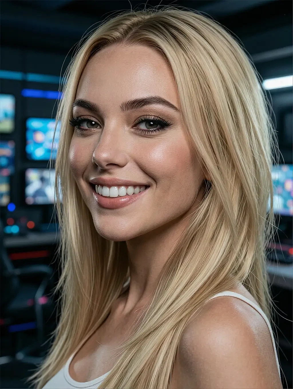 Fictional AI character with long blonde hair smiling in front of lit screens